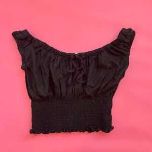 Brandy Melville black shirred peasant top hippie boho small xs s extra crop top